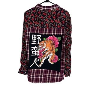 REDONE Flannel Red Multicolor Colorblock Oriental Tiger Womens Size Medium